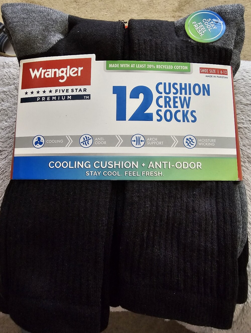 Wrangler Mens Crew Socks 12-Pair Size 6-12 Cushioned Anti-Odor Blk/Gray